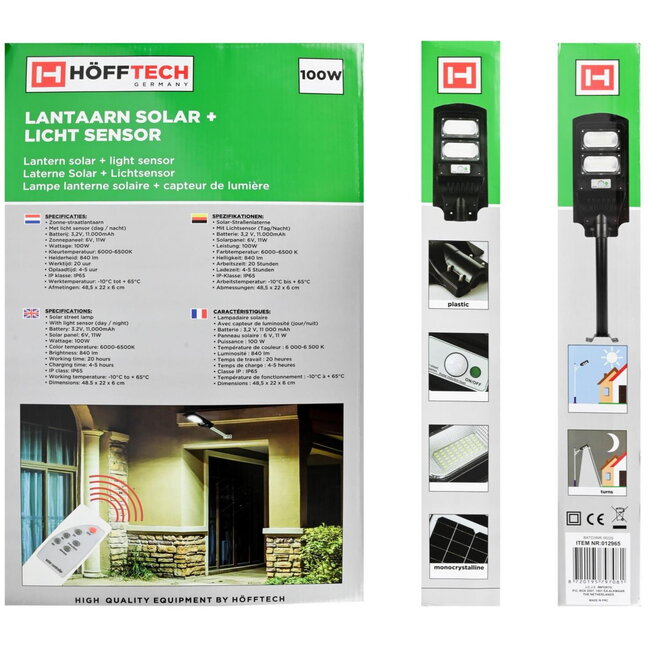 Hofftech Solar LED lantaarn - lichtsensor - IP65 - 11000 mAh - inclusief muurbeugel 40 cm