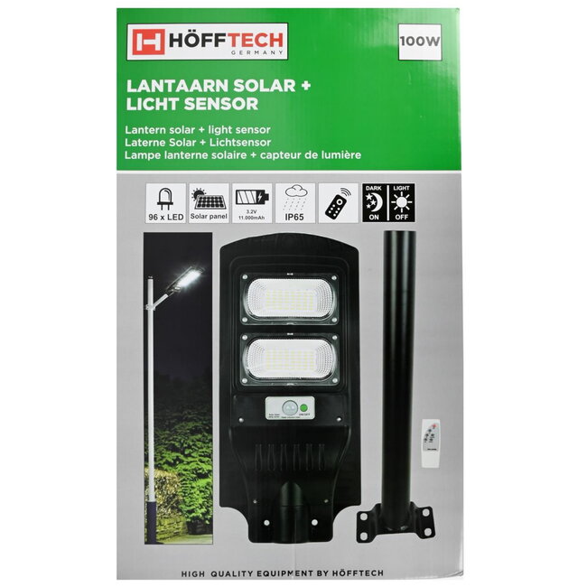 Hofftech Solar LED lantaarn - lichtsensor - IP65 - 11000 mAh - inclusief muurbeugel 40 cm