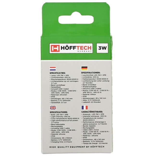 Hofftech Verstelbare LED-hoofdlamp - 3 Watt - Silicone - Oplaadbaar - 200 Lumen - Waterdicht IPX6