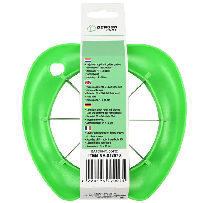 Benson Appelsnijder - 8 Partjes - Klokhuisverwijderaar - RVS en PP - Groen - 14 x 15 cm