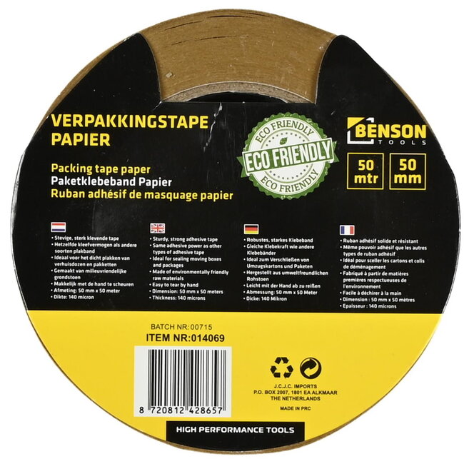Benson Papieren verpakkingstape - 50 mm x 50 meter - 140 micron - Milieuvriendelijk - Handmatig te scheuren