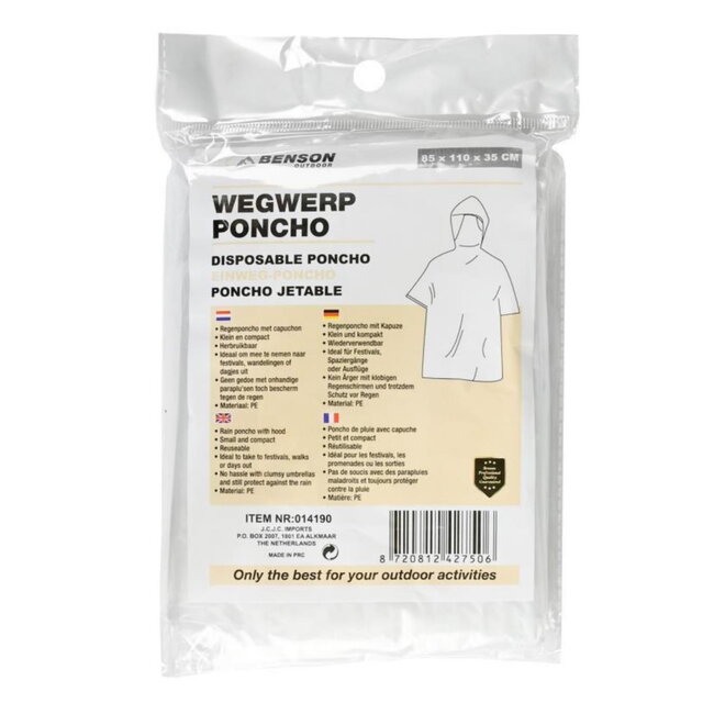 Benson Wegwerp regenponcho - transparant - compact - duurzaam PE-materiaal - one size fits most