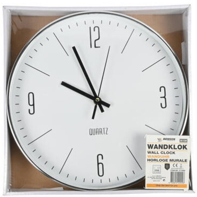 Benson Stijlvolle zilveren wandklok - Ø30 cm - Minimalistisch design - Tijdloze elegantie - Voor elk interieur