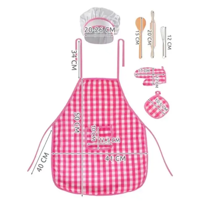 Kruzzel Kinderkookset - 7 Delige Chef Outfit - Roze-Wit Geruit - Stimuleer Culinaire Vaardigheden