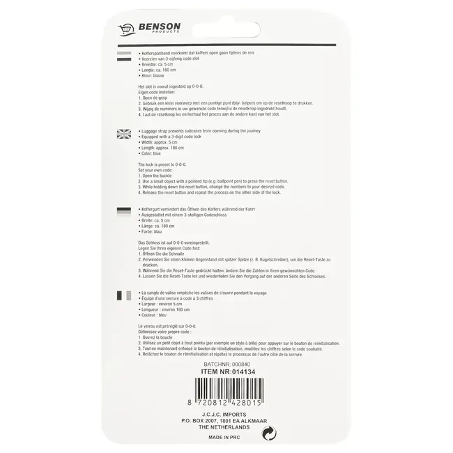 Benson Kofferspanband met cijferslot - 180 cm - blauw - veilig reizen