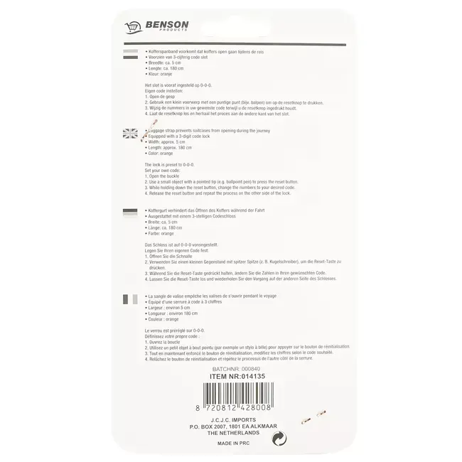 Benson Kofferspanband met cijferslot - 180 cm - oranje - extra beveiliging - eenvoudig instelbaar