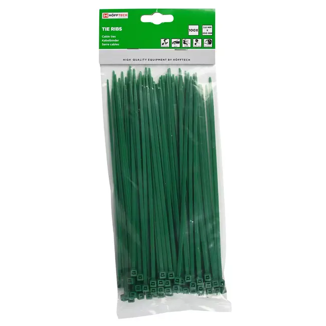 Hofftech 100-delige set groene kabelbinders - 3,6 x 200 mm - veelzijdig en duurzaam