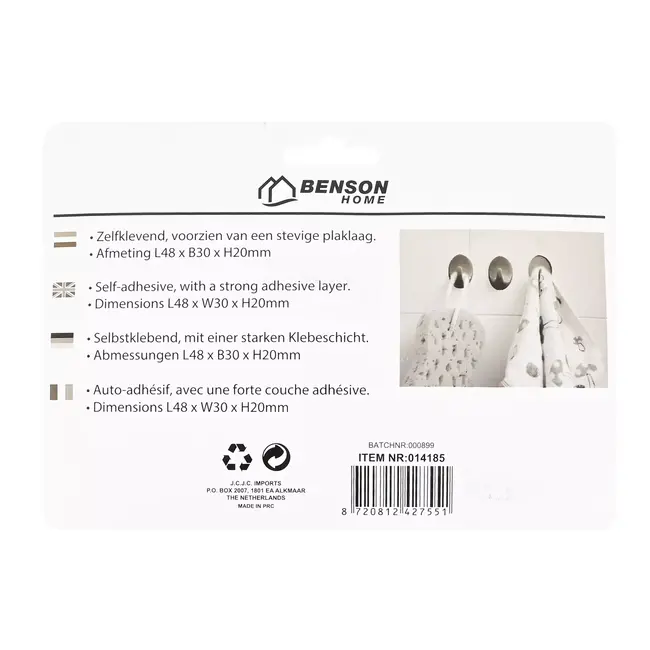 Benson Zelfklevende handdoekhaken - set van 6 - klein formaat - zwart - sterke plaklaag