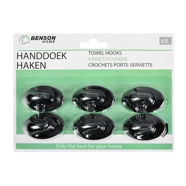 Benson Zelfklevende handdoekhaken - set van 6 - klein formaat - zwart - sterke plaklaag