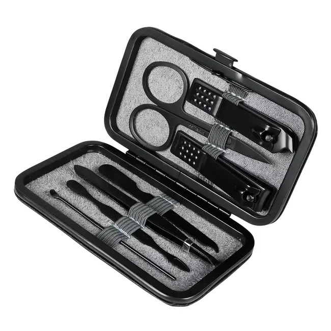 Benson 7-delige manicure set - compact - zwart - kunstleren etui - roestvrij staal