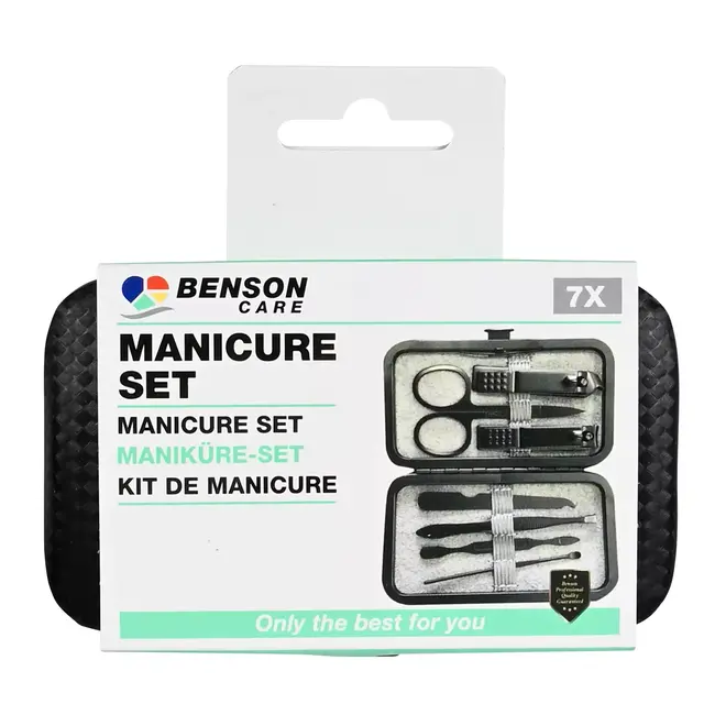 Benson 7-delige manicure set - compact - zwart - kunstleren etui - roestvrij staal