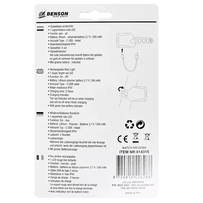 Benson USB-oplaadbare rode LED fietslamp - waterbestendig - snelle oplaadtijd