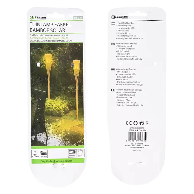 Benson Sfeervolle bamboe tuinfakkel - solar - 78 cm - warm wit LED