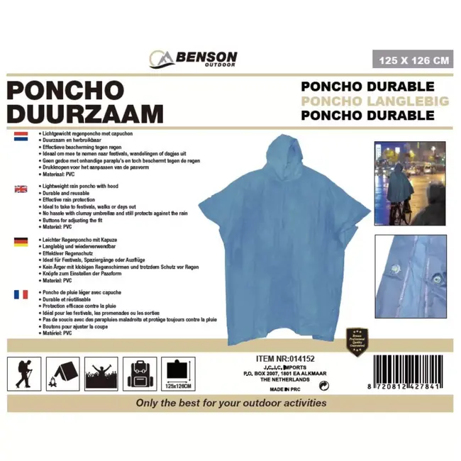 Benson Duurzame regenponcho - lichtgewicht - verstelbare capuchon - blauw