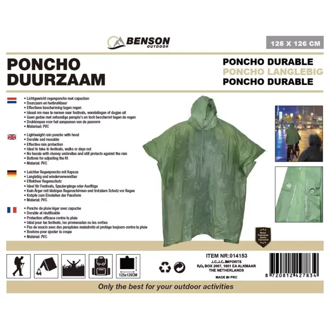 Benson Duurzame groene poncho - lichtgewicht, herbruikbaar, verstelbaar