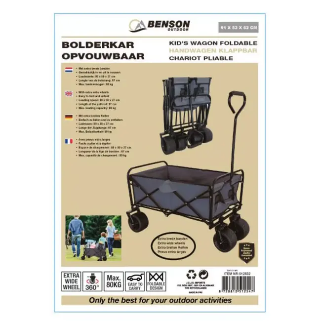 Benson Opvouwbare bolderkar - extra brede wielen - 100 kg laadvermogen - zwart