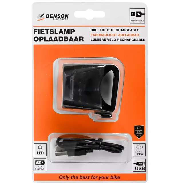 Benson USB-oplaadbare LED-fietslamp - wit - waterbestendig - 3 verlichtingsmodi