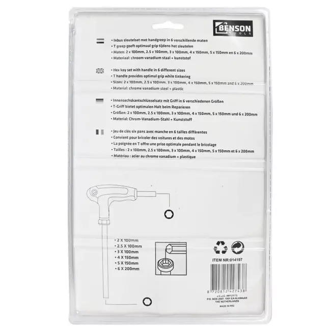 Benson Inbus T-sleutelset - 6-delig - Chroom vanadium staal - T-handgreep - Diverse maten