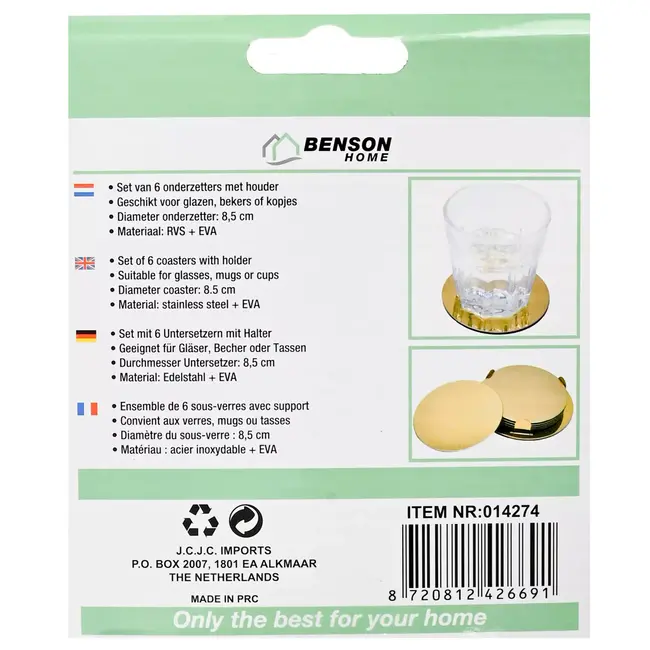 Benson Gouden RVS onderzetters - set van 6 - luxe en praktisch - 8,5 cm - met houder