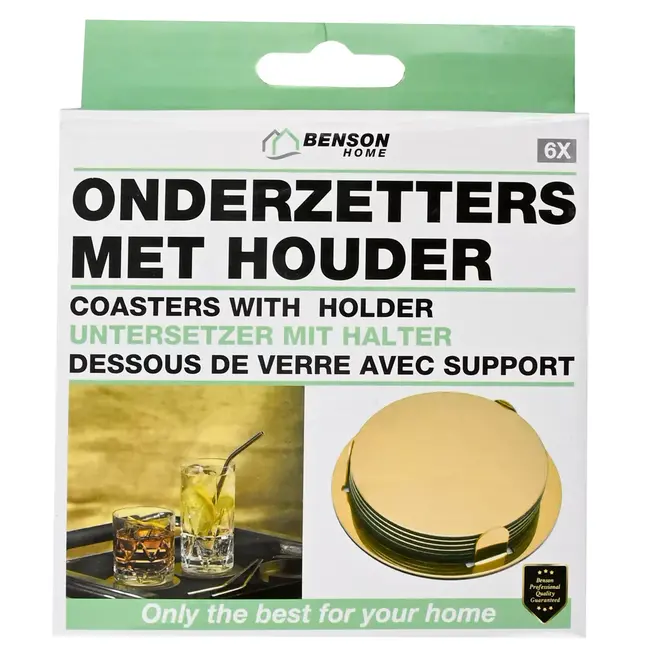 Benson Gouden RVS onderzetters - set van 6 - luxe en praktisch - 8,5 cm - met houder