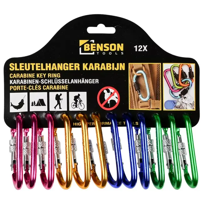 Benson Sleutelhanger Karabijn 12-delig - Ideaal voor Outdoor Activiteiten