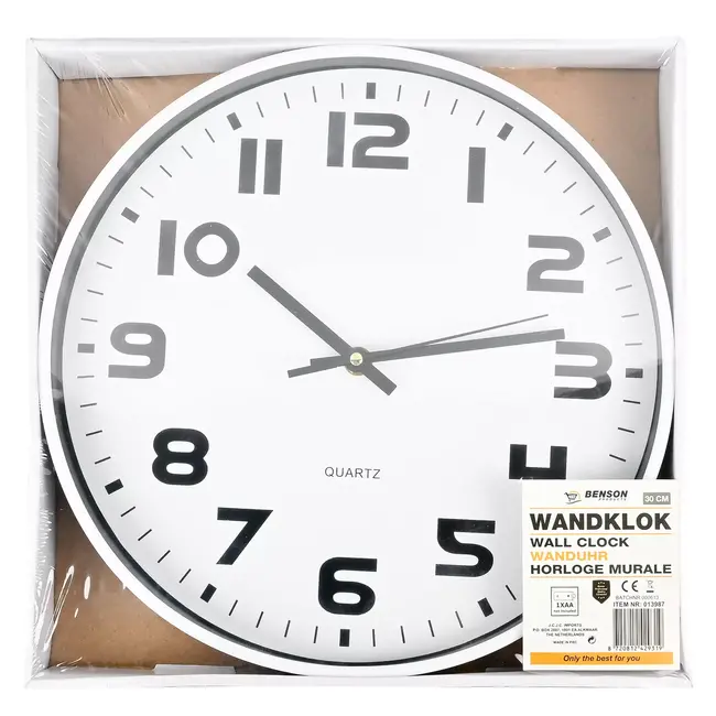 Benson Moderne wandklok - minimalistisch design - Ø30 cm - wit