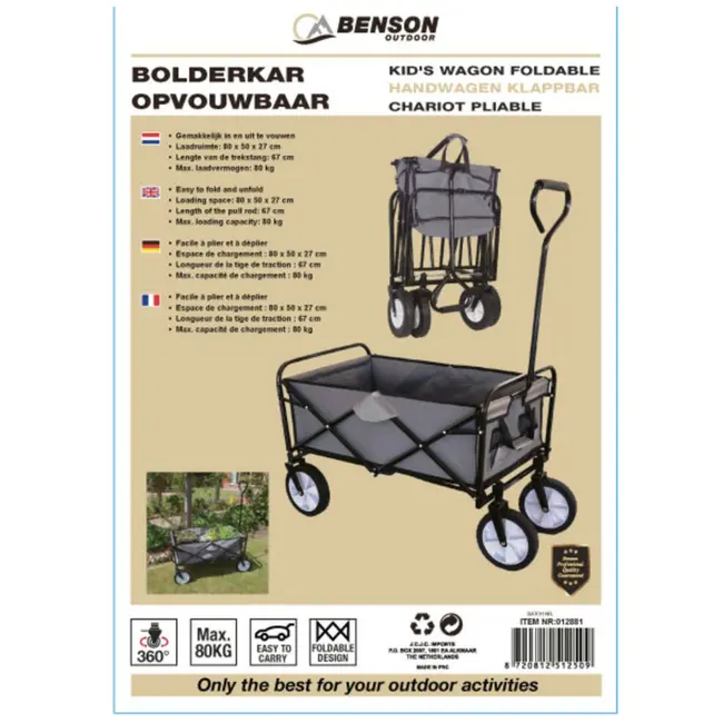 Benson Opvouwbare bolderkar - 80 kg draagvermogen - 91 x 52 x 62 cm - Grijs
