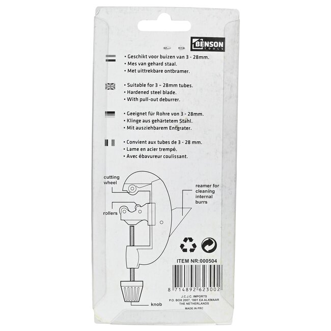 Benson Pijpensnijder - Hardmetaal - Ø 3-28 mm - Inclusief pijpfrees - Rood