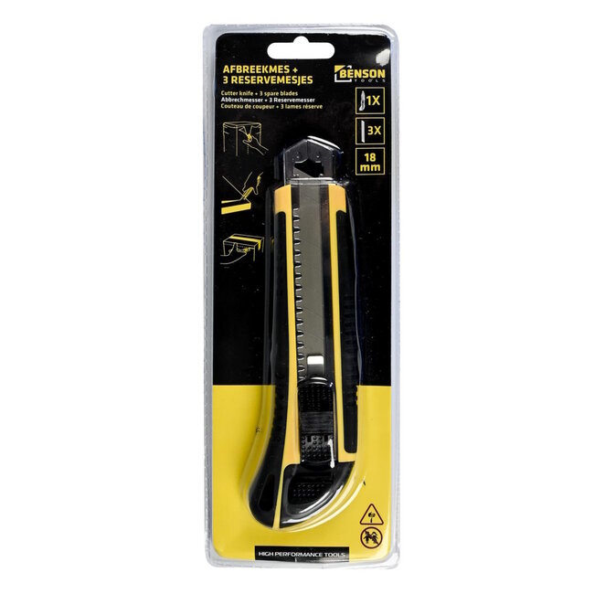 Benson Stanleymes - Afbreekmes - 18 mm - Geel - Inclusief 3 extra mesjes