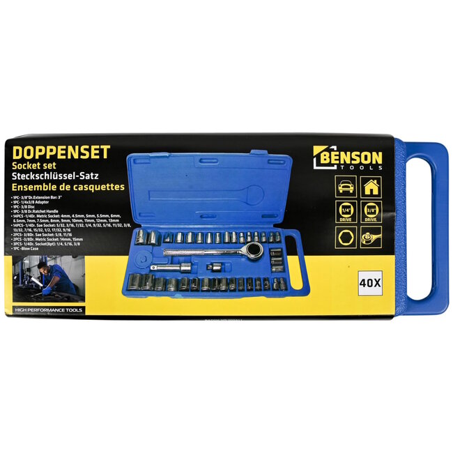 Benson 40-delige doppendoos - metrisch en inch - verchroomde zeskant doppen - compact