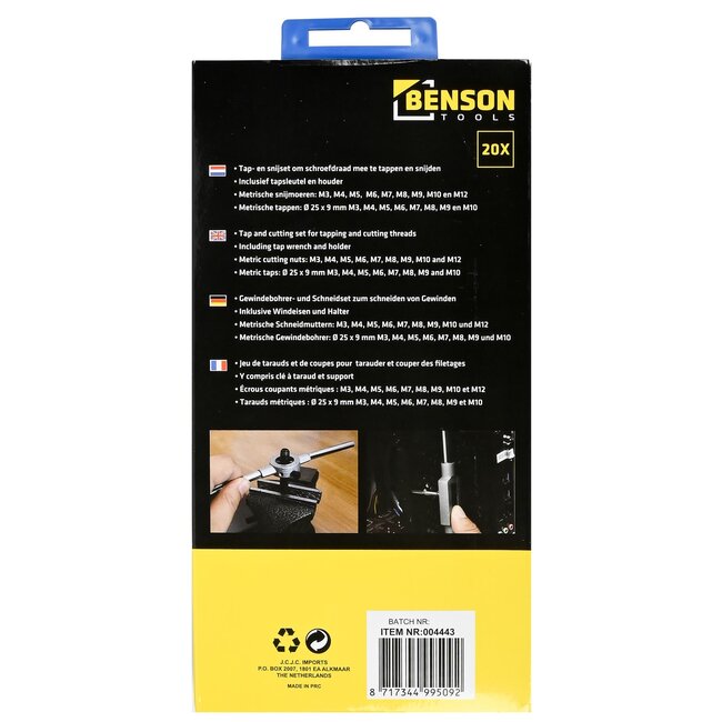 Benson 20-delige metrische tapset - M3 t/m M12 - hoogwaardig ijzer - inclusief tapsleutel en houder