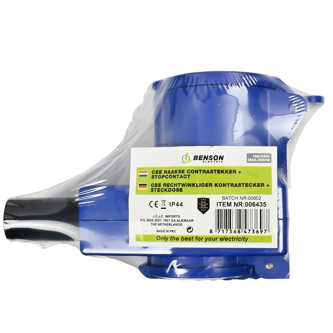 Benson Hoekconnector - Haaks - 16A - 220V - Spatwaterdicht - Slagvaste behuizing - Blauw