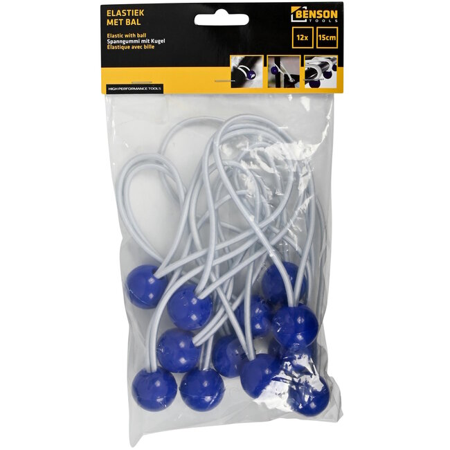 Benson Elastiek met bal - UV-bestendig - 20 kg trekkracht - 150 mm - Blauw - 12 stuks