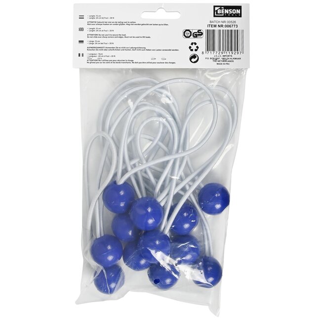 Benson Elastiek met bal - UV-bestendig - 20 kg trekkracht - 150 mm - Blauw - 12 stuks