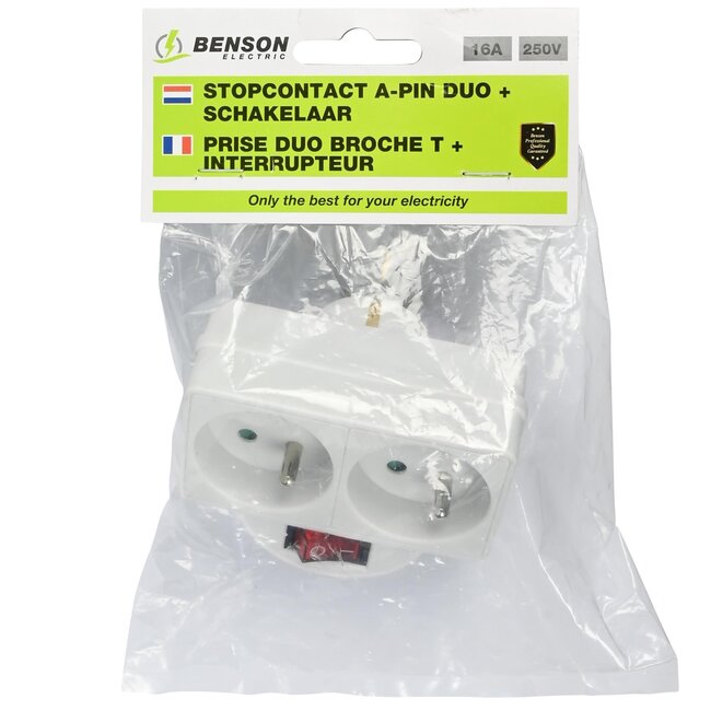 Benson Verloopstekker - Splitter 2-weg met pen aarde en schakelaar - 2300W - Wit - Binnengebruik