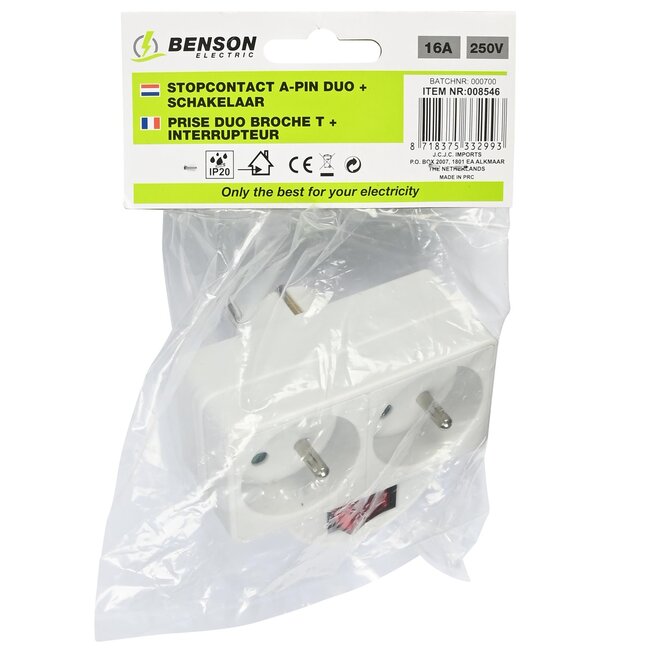 Benson Verloopstekker - Splitter 2-weg met pen aarde en schakelaar - 2300W - Wit - Binnengebruik