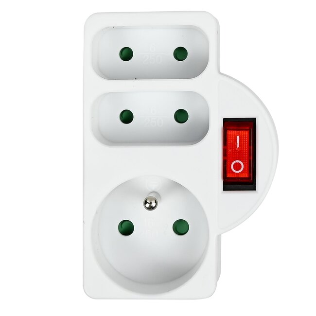 Benson Verloopstekker - 3-weg splitter met pen aarde - België & Frankrijk - 2300W - wit