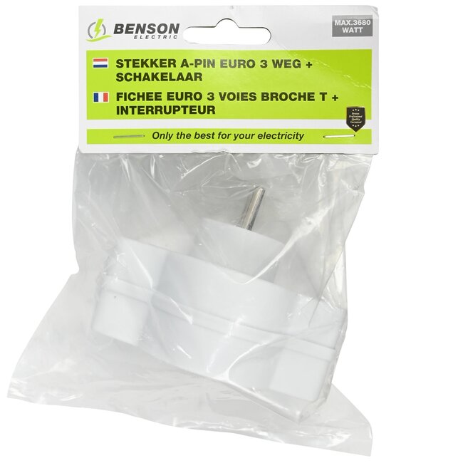 Benson Verloopstekker - 3-weg splitter met pen aarde - België & Frankrijk - 2300W - wit
