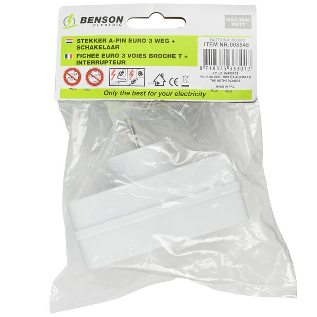 Benson Verloopstekker - 3-weg splitter met pen aarde - België & Frankrijk - 2300W - wit
