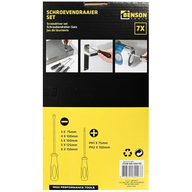 Benson 7-delige schroevendraaierset - platkop en kruiskop - ergonomische handgrepen - met opbergbox