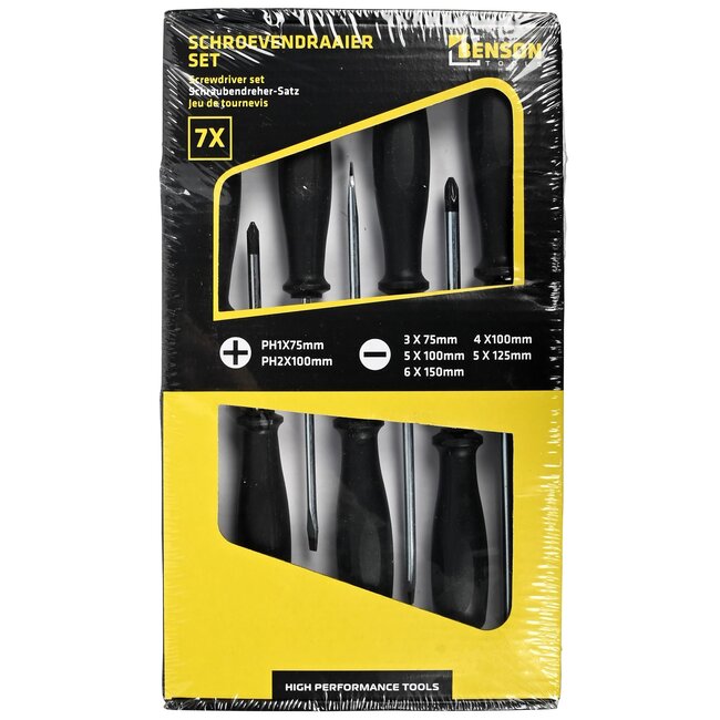 Benson 7-delige schroevendraaierset - platkop en kruiskop - ergonomische handgrepen - met opbergbox