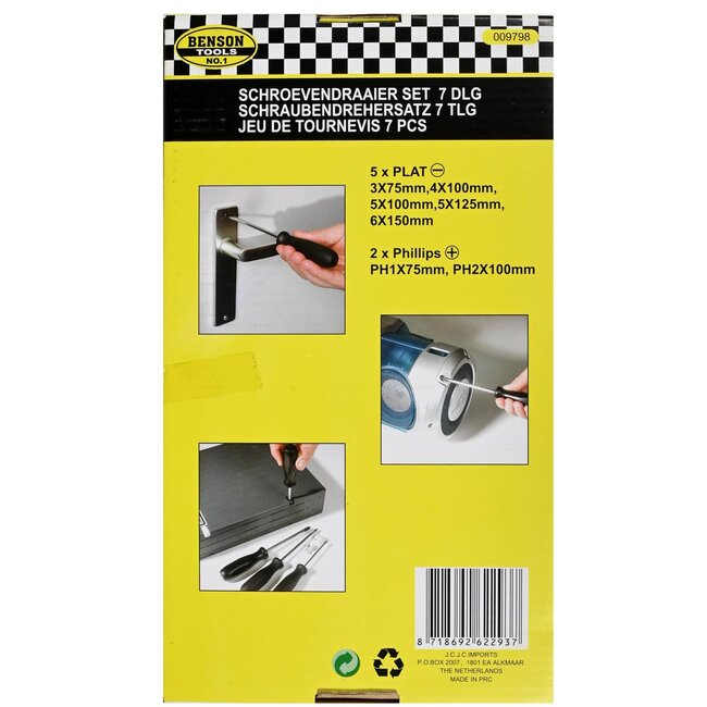 Benson 7-delige schroevendraaierset - platkop en kruiskop - ergonomische handgrepen - met opbergbox