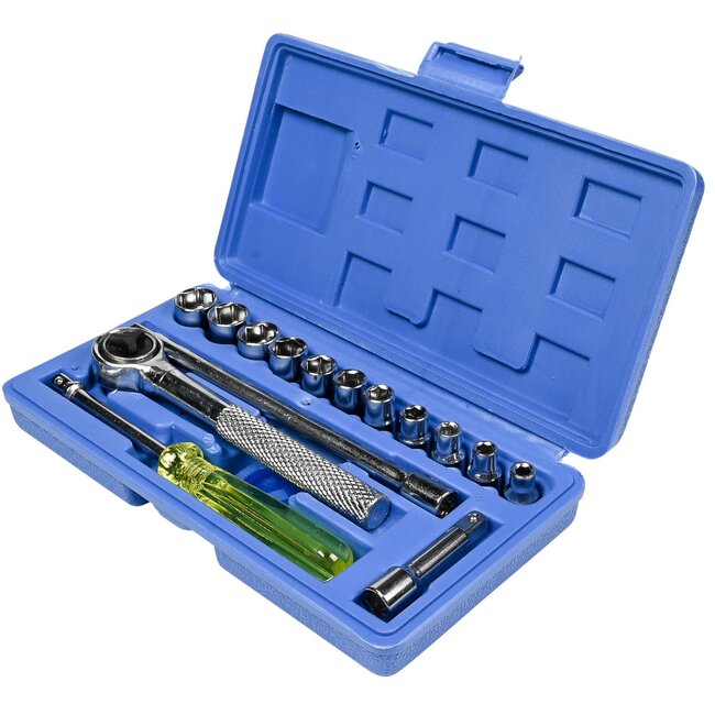 Benson 17-delige doppendoos met ratel - 11 dopmaten - kunststof opbergdoos - compact