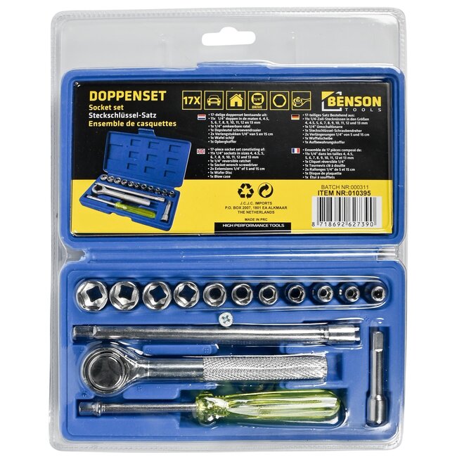 Benson 17-delige doppendoos met ratel - 11 dopmaten - kunststof opbergdoos - compact