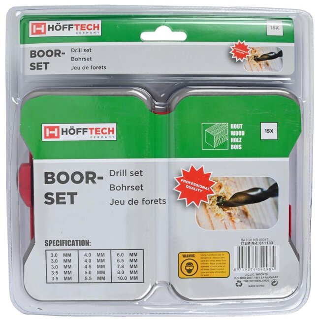 Hofftech Boorcassette hout - 15-delig - maten 3-10 mm - veelzijdig en compleet