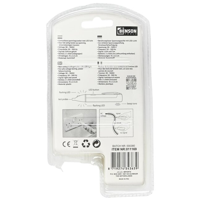 Benson Contactloze spanningstester met LED en geluidssignaal - 15 cm - rood/zwart