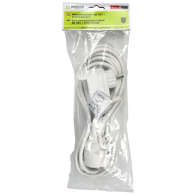 Benson Verlengsnoer met randaarde - 3 x 1 mm² - 5 meter - wit - max 2300W