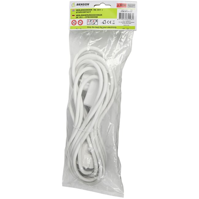 Benson Verlengsnoer met randaarde - 3 x 1 mm² - 5 meter - wit - max 2300W