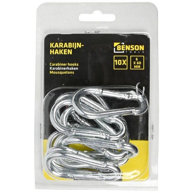 Benson Karabijnhaken set - Ø 6 x 60 mm - zilver - 10 stuks