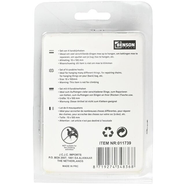 Benson Karabijnhaken set - Ø 6 x 60 mm - zilver - 10 stuks